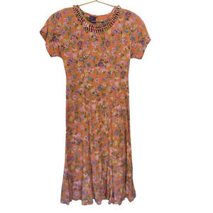 Vintage 90s Carole Little Floral Midi Dress Orange Size 2 Rayon Paded Boho